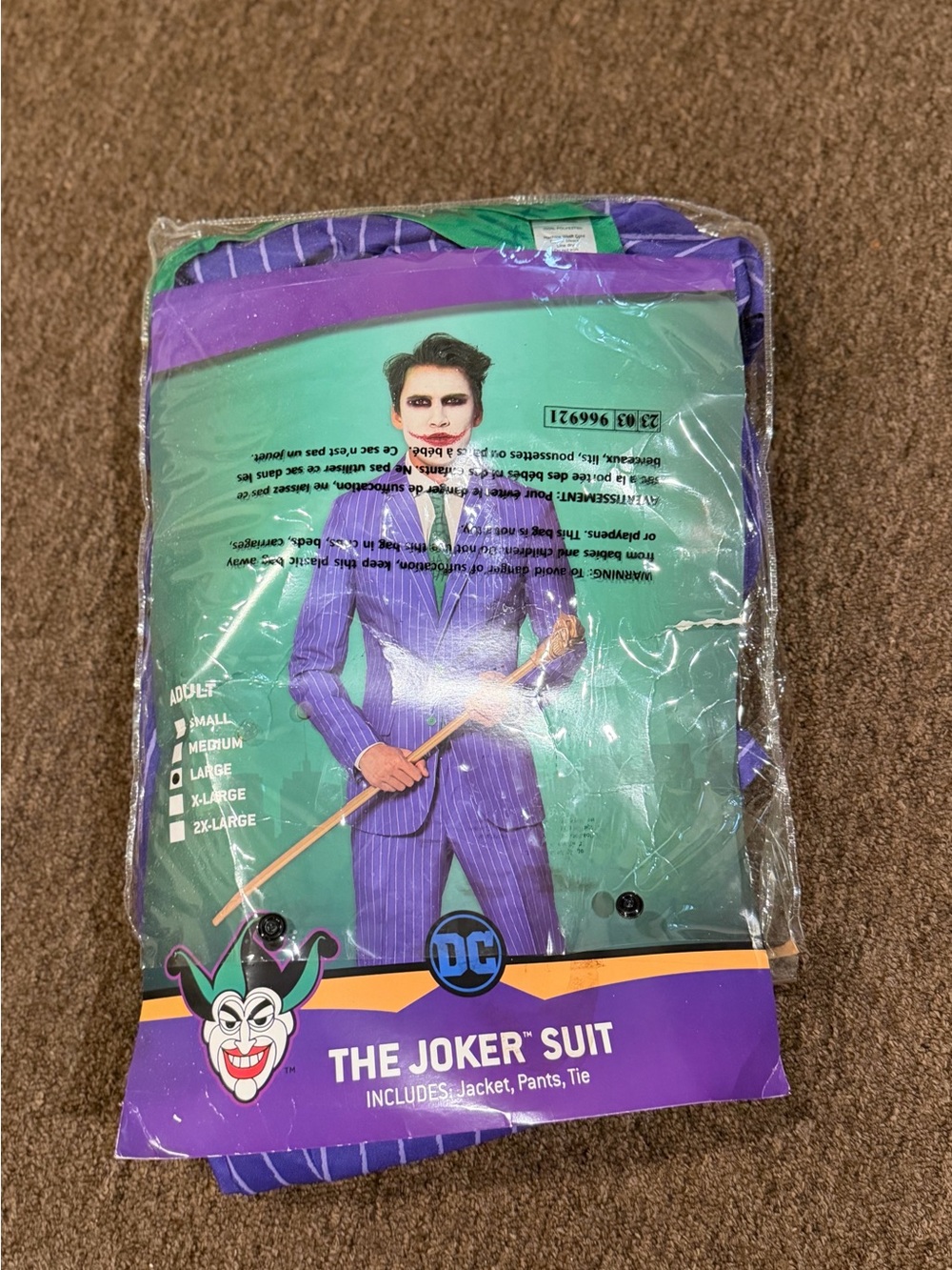 NEW! Halloween Spirit Purple Mens L Pinstripe JOKER Costume jacket pants tie